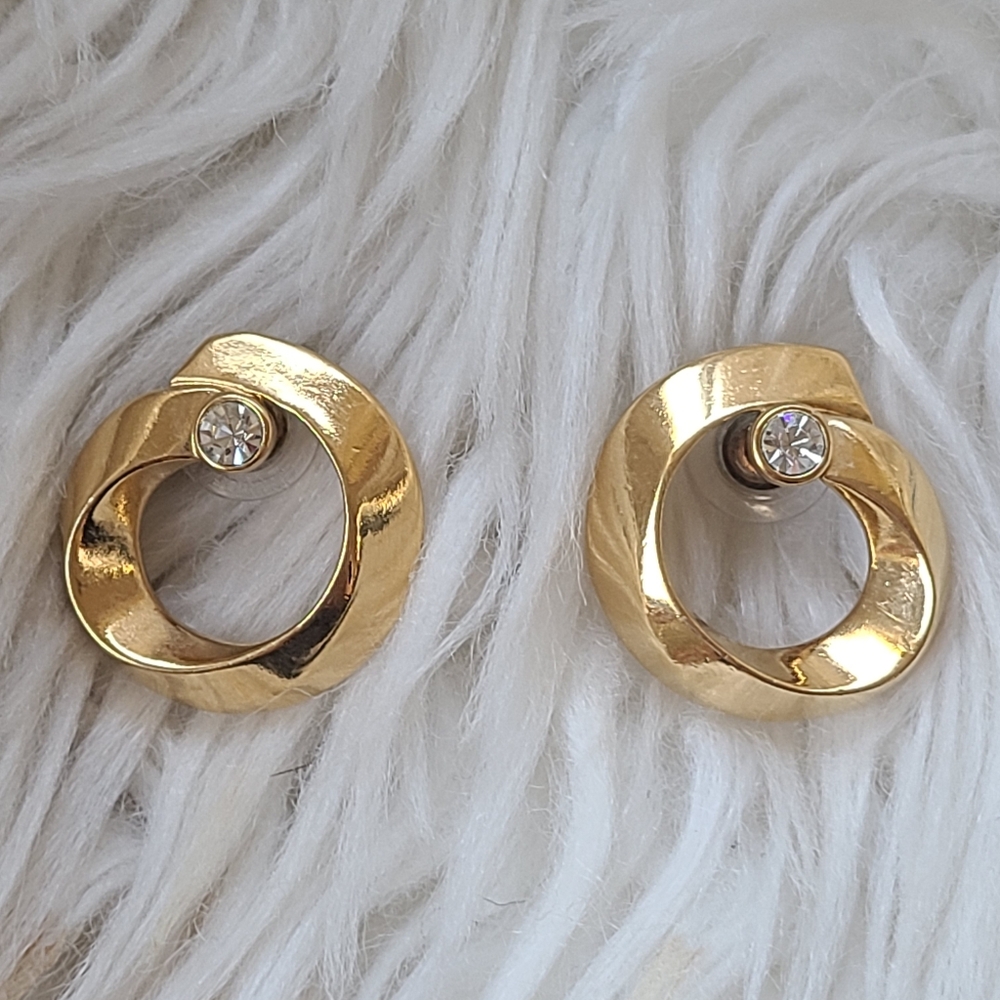 Avon Gold Toned Swirl Post Earrings With Crystal Accent- Good Condition